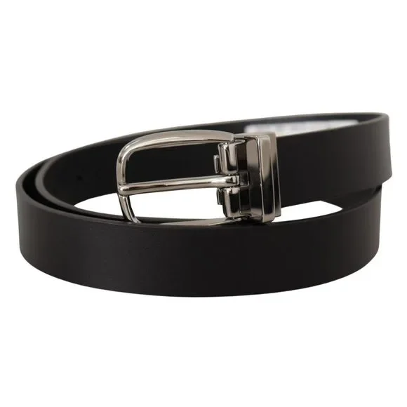 Dolce & Gabbana Black Classic Calf Leather Silver Metal Belt - Picture 2 of 3